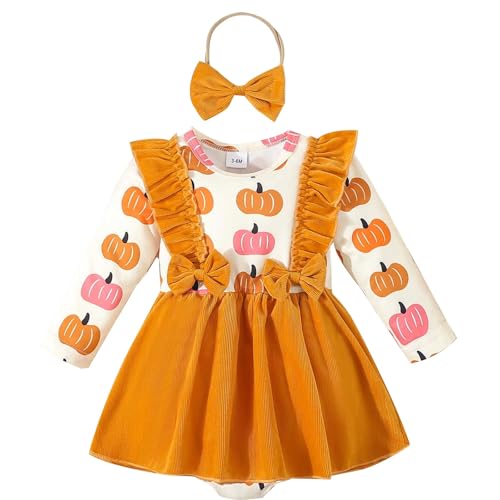 cfpqv Baby Pumpkin Halloween Long Sleeve Ha Dress 2 Piece Yellow Pumpkin Print Ha Dress 152 Mädchen (Orange, 0-3 Months) von cfpqv