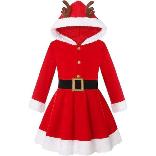 cfpqv Children's Christmas Dress Hooded New Clothing Christmas Cospiay Children's Holiday Christmas Dress Röcke Teenager Mädchen (Red, 3-4 Years) von cfpqv