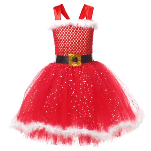 cfpqv Girls Christmas Cosplay Santa Tutu Dresses Dresses Ketten Draht Schmuck (Watermelon Red, 6-7 Years) von cfpqv