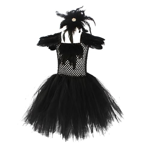 cfpqv Girls Halloween Black Swan Dress Role Play Costume Dance Performance Tüllrock Mädchen Schwarz (Dark Gray, 8-9 Years) von cfpqv