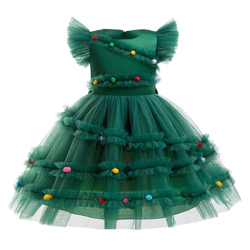cfpqv Kids Girls Christmas Costume Flying Sleeve Tutu Dress Xmas Bow Knot Colorful Pompoms Dress Tartan Rot (Green, 7-8 Years) von cfpqv
