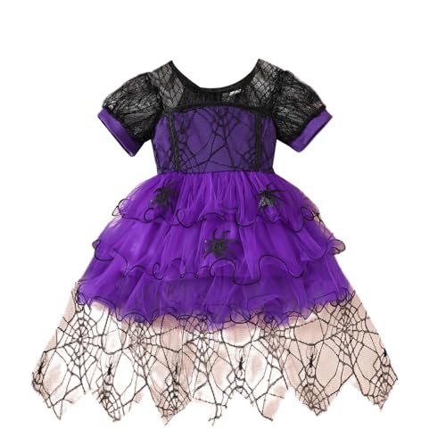 cfpqv Mädchen Halloween mit Spitze und Netzstoff, Kuchenkleid, Kostüm Rot Schwarz Karierter (Purple, 6-7 Years) von cfpqv