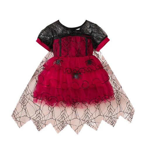 cfpqv Mädchen Halloween mit Spitze und Netzstoff, Kuchenkleid, Kostüm Rot Schwarz Karierter (Red, 3-4 Years) von cfpqv
