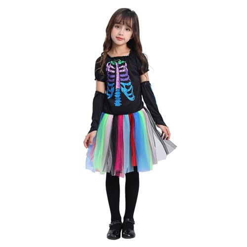 cfpqv Mädchenkleid Buntes -Skelettkleid Schulparty Halloween Kinderkleidung Anziehen Regenbogen Damen Kleidung (Black, 4-6 Years) von cfpqv