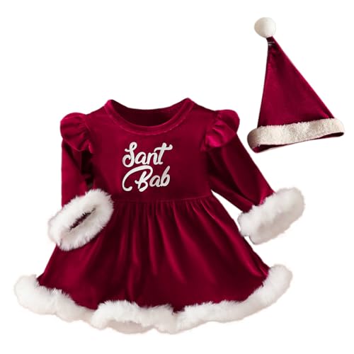 cfpqv Neugeborenes Baby Mädchen Weihnachtskleid Santa Baby Roter Samt Strampler Kleid Mit Weihnachtsmütze 2 Stücke Säuglingsweihnachtskleidung Portmonee Mädchen (Red, 12-18 Months) von cfpqv