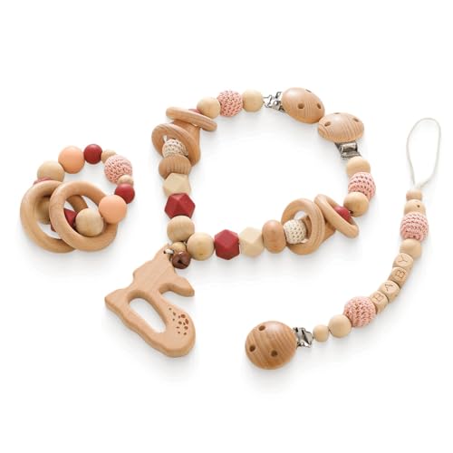 champracer 3 Stück Kinderwagen Spielzeug, Kinderwagenkette aus Holz für Babys, Niedliche Tierform Kinderwagenspielzeug, für Autositz Baby Mobile Kinderwagen Kinderbett (A) von champracer