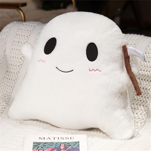 champracer Geisterkissen Halloween, Geisterplüsch,Geister Plüschtier Schaf Kuscheltier, Cartoon Geist mit Sichel Plüschtier Weich Plüsch (30x35cm,Weiß) von champracer