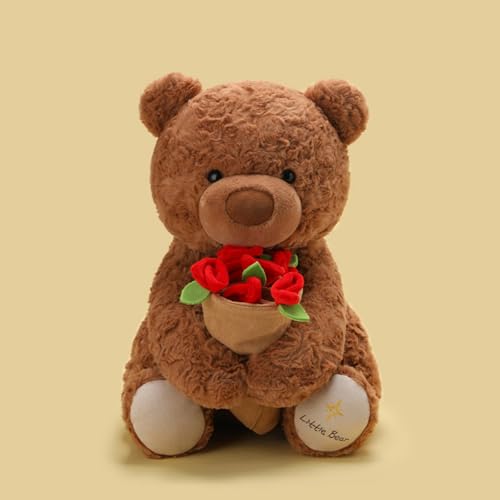 champracer Teddybär Kuscheltier mit Rosenstrauß Bär Kuscheltier für Valentinstag Plüsch-Bär Teddy Kuscheltier Geschenk für Freundin und Kinder Geschenk (38cm,Dunkelbraun) von champracer