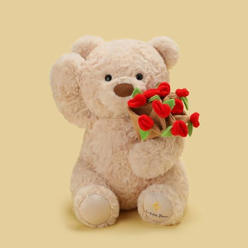 champracer Teddybär Kuscheltier mit Rosenstrauß Bär Kuscheltier für Valentinstag Plüsch-Bär Teddy Kuscheltier Geschenk für Freundin und Kinder Geschenk (38cm,Hellbraun) von champracer