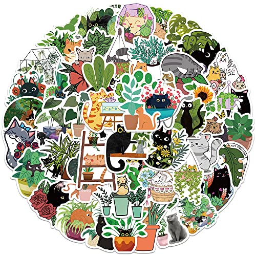 Cats & Plants Aufkleber | 50PCS | Cute Cartoon Cat Green Potted Plant Stickers Pack, Vinyl Waterproof Black Cat Decals für Wasserflasche, Laptop, Skateboard, Geschenke für Kinder Teens Erwachsene von chamvis