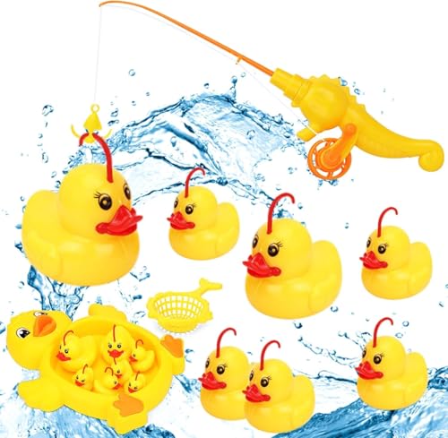 ChAusa 10 Stück Angelspiel Badewannenspielzeug,Aufziehbarem Badespielzeug Enten Angeln,Fische Angeln Spiel mit Fischernetz,Angelstäbe,Kleiner Ententeich Spielzeug ab 1 Jahr Baby Spielzeug von ChAusa