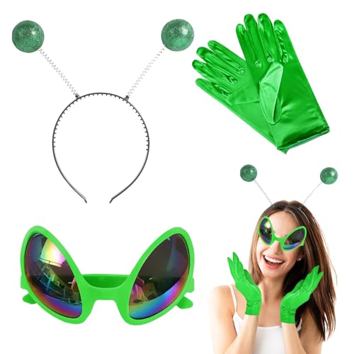 chausa 3 Stück Faschingskostüme Damen Alien Kostüm Kinder Set mit Alien Haarreif Alien Brille und Handschuhe,für Karneval Halloween Cosplay Maskerade Karneval Kostüm Faschingskostüme von chausa