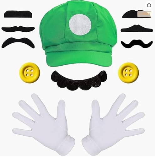 chausa Kostüm Herren Accessoires,Faschingskostüme Männer,Erwachsene Karneval Kostüm Mütze Hut Handschuhe Bart Gelbe Knöpfe,Faschingkostüme Mottoparty Halloween für Kinder Damen Herren (Rot) (Grün) von chausa
