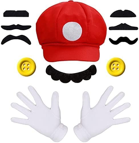 chausa Kostüm Herren Accessoires,Faschingskostüme Männer,Erwachsene Karneval Kostüm Mütze Hut Handschuhe Bart Gelbe Knöpfe,Faschingkostüme Mottoparty Halloween für Kinder Damen Herren (Rot) von chausa