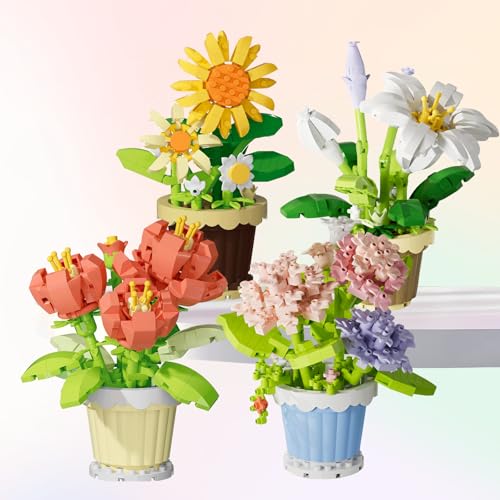 chenyu Mini Blumen Bausteine Set 4 Stück Simulation Blumensträuße Blume Botanische Topf Pflanze Blüte Bonsai Bausteine Pflanzen Partikel Blumen Botanische Spielzeug für Heimdekoration von chenyu