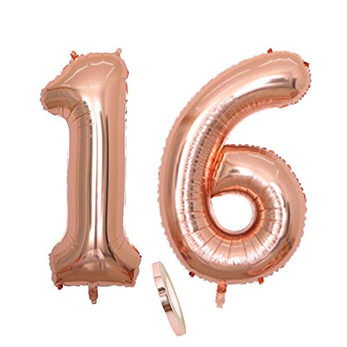 2 Luftballons Zahl 16, Nummer 16 Luftballon Rosegold Mädchen ,40" Aufblasbar Helium Folienballon Roségold Ballons Figuren ,Riesen ballon für Geburtstag Party Dekoration, Abschlussball (xxxl 100cm) von cholinchin