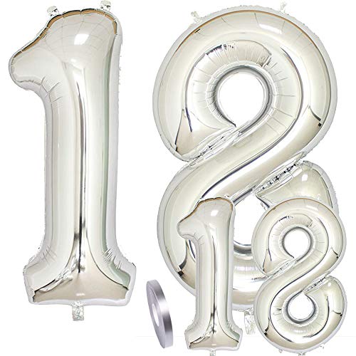 cholinchin Luftballons Zahl 18 Geburtstag XXL Silber - Riesen Folienballon in 2 Größen 40" & 16" | Set XXL 100cm + Mini 40cm Version Geburtstagsdeko | Vier Zahlen | Ideal zum 18. als Deko cholinchin Luftballons Zahl 18 Geburtstag XXL Silber - Riesen Folienballon in 2 Größen 40" & 16" | Set XXL 100cm + Mini 40cm Version Geburtstagsdeko | Vier Zahlen | Ideal zum 18. als Deko von cholinchin