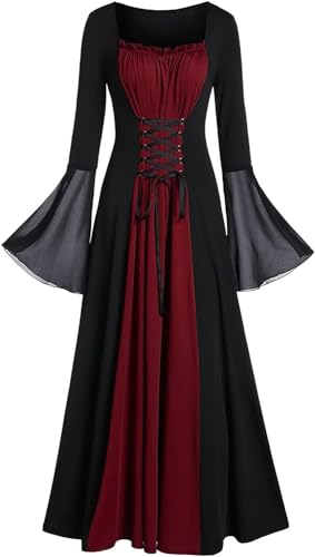 Damen Halloween Kleid Gotische Vintage Hexenkostüm Renaissance Faire Kostüme Flare Ärmel Abendkleider Vampir Cosplay Karneval Kostüm Schnürung Mittelalter Langes Steampunk Cocktailkleid(Weinrot,S) von chuangminghangqi