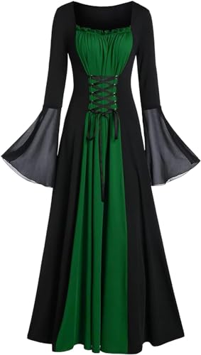 Damen Halloween Kleid Gotische Vintage Hexenkostüm Renaissance Faire Kostüme Flare Ärmel Abendkleider Vampir Cosplay Karneval Kostüm Schnürung Mittelalter Langes Steampunk Cocktailkleid(Grün,S) von chuangminghangqi