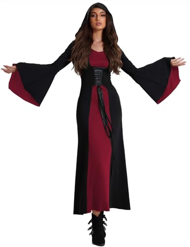 Damen Retro Schnürung Gothic Kleid mit Kapuze Langarm Renaissance Kostüm Mittelalter Kontrastfarben Patchwork Langes Cocktailkleid Hexenkostüm Partykleider Piratenkleid Faschingkostüm(Weinrot,M) von chuangminghangqi