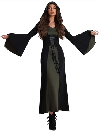 Gothic Cosplay Damen Langarm Langes Kleid für Themenpartys oder Halloween Mittelalter Kontrastfarben Kostüm mit Kapuze Piratenkleid Viktorianisches Festliches Cocktailkleid Karnevalskostüm(Grün,XL) von chuangminghangqi