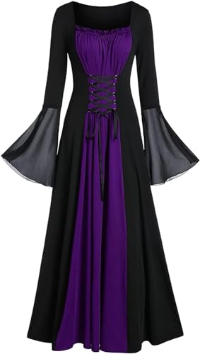 Halloween Kostüm Damen Mittelalter Gothic Hexenkleid Kontrastfarben Steampunk Piratenkleid Viktorianisches Festliches Cocktailkleid Karnevalskostüm Renaissance Kostüme Vampirkostüm(Violett,XXL) von chuangminghangqi