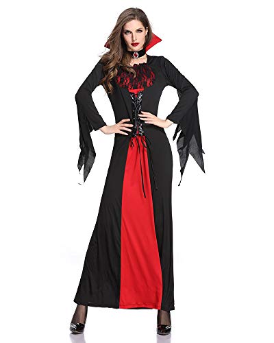 Halloween Hexenkostüm Damen Cosplay Mittelalterkleid Schnürung mit Kragen Vampirkostüm für Halloween Fasching Partykleider Karneval Kostüm (Schwarz+Rot,XL) von chuangminghangqi