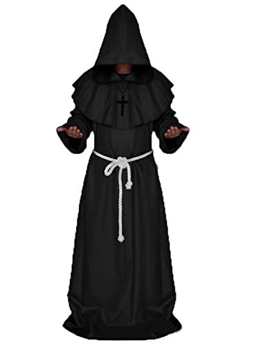 Mönchskostüm Erwachsene Herren Zauberer Priesterrobe Halloween Kostüm Outfit Mittelalterlicher Umhang mit Kapuze Frater Kapuze für Karneval Cosplay Gotik Zauberer Ritter Renaissance(L,Schwarz) von chuangminghangqi