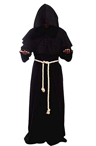 Herren Priester Halloween Kostüm Mönch Outfit Mittelalterlicher Umhang mit Kapuze Cosplay Zauberer Priester Frater Kapuze Robe für Karneval Gotik Zauberer Ritter Renaissance(M,Schwarz) von chuangminghangqi