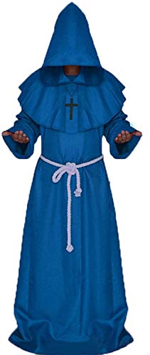 Mönchskostüm Erwachsene Herren Zauberer Priesterrobe Halloween Kostüm Outfit Mittelalterlicher Umhang mit Kapuze Frater Kapuze für Karneval Cosplay Gotik Zauberer Ritter Renaissance(L,Blau) von chuangminghangqi