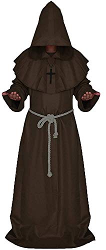 Herren Priester Halloween Kostüm Mönch Outfit Mittelalterlicher Umhang mit Kapuze Cosplay Zauberer Priester Frater Kapuze Robe für Karneval Gotik Zauberer Ritter Renaissance(M,Kaffee) von chuangminghangqi