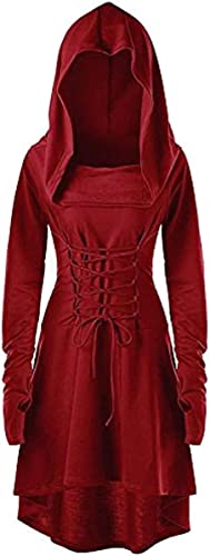 chuangminghangqi Renaissance Kostüm Damen Robe zum Schnüren Mittelalter Kleid mit Kapuze Langarm Retro Gothic Cosplay Halloween Karneval (S, Rot) von chuangminghangqi