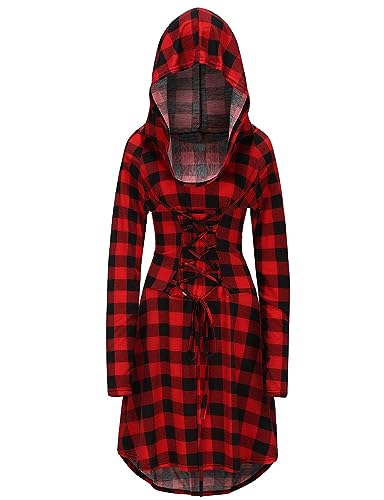 chuangminghangqi Renaissance Kostüm Damen Robe zum Schnüren Mittelalter Kleid mit Kapuze Langarm Retro Gothic Cosplay Halloween Karneval (S, Rote Kontrolle) von chuangminghangqi