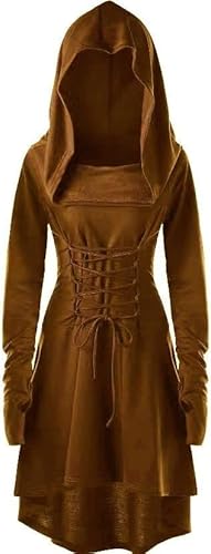 chuangminghangqi Renaissance Kostüm Damen Robe zum Schnüren Mittelalter Kleid mit Kapuze Langarm Retro Gothic Cosplay Halloween Karneval (XXL, Kaffee) von chuangminghangqi