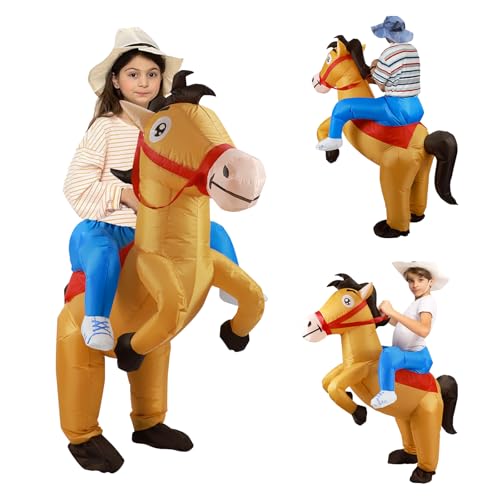 Aufblasbares Pferdekostüm, lustiges Cowboy-Reitpferd, Anzug, aufblasbar, mit Hut für Erwachsene, Kinder, Karneval, Weihnachten, Halloween, Cosplay, Themenpartys (passend für 120–150 cm) von cimsfcor