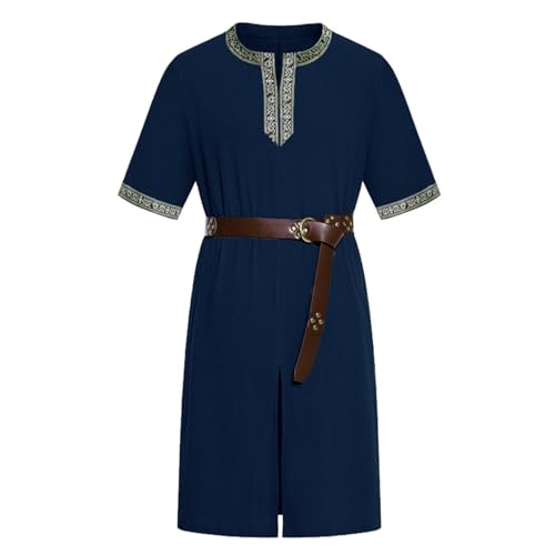 clasToonrain 2 Pcs Herren Mittelalterliche Tunika mit 195CM Gürtel Renaissance Wikinger Ritter Kostüm für Halloween Theme Party Larp Auferstehung Sonntag Altgriechischer Tag (Marineblau, S) von clasToonrain