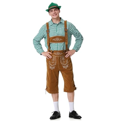 clasToonrain Oktoberfest Outfit Herren Zwei Stück Bayerische Trachten Lederhose kurz mit Trägern Weißes Hemd für Bierfest, Volksfest, Karneval, Halloween, Weihnachten (Grün, XL) von clasToonrain