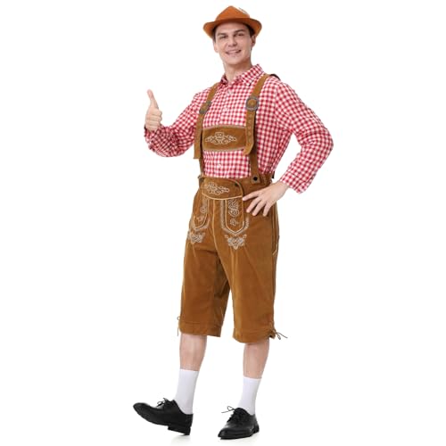 clasToonrain Oktoberfest Outfit Herren Zwei Stück Bayerische Trachten Lederhose kurz mit Trägern Weißes Hemd für Bierfest, Volksfest, Karneval, Halloween, Weihnachten (Rot, XL) von clasToonrain