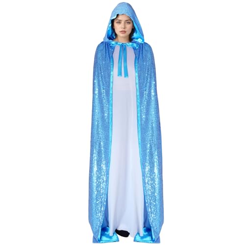 cnomg Prinzessinnen-Kapuzenumhang für Damen, volle Länge, Paillettenumhang mit weichem Futter, Fliege, bodenlang, Märchenparty, Halloween, Weihnachten, Blau von cnomg