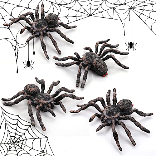 cobee Realistische Spinnenfiguren, 4 Stück Halloween Spinnen Dekorationen, Riesenspinnen Action Modell, lebensechte, gruselige Spinnen für Halloween Streichrequisiten, Partyzubehör, gruseliges Thema von cobee