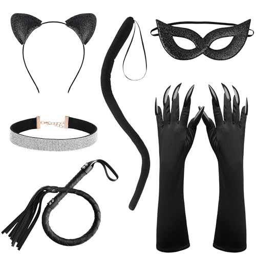 Halloween-Kostüm-Zubehör, schwarze Katze, Maske, Cosplay-Kostüm für Damen, Kunstlederhandschuhe, Halskette, Outfit, 4/6 Stück, Schwarz, Einheitsgröße Halloween-Kostüm-Zubehör, schwarze Katze, Maske, Cosplay-Kostüm für Damen, Kunstlederhandschuhe, Halskette, Outfit, 4/6 Stück, Schwarz, Einheitsgröße von codree