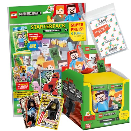 Bundle mit Lego Minecraft Serie 1 Trading Cards - 1 Starter + 1 Display (50 Booster) + 2 Limitierte Star Wars Karten + Exklusive Collect-it Hüllen von collect-it.de MY HOME OF CARDS + TOYS