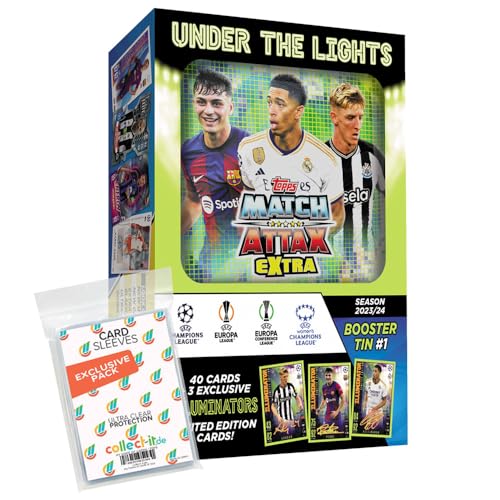 Bundle mit Match Attax Champions League 2023/24 EXTRA - Trading Cards - 1 Mini Tin Box (zufällige Auswahl) + Exklusive Collect-it Hüllen von collect-it.de MY HOME OF CARDS + TOYS