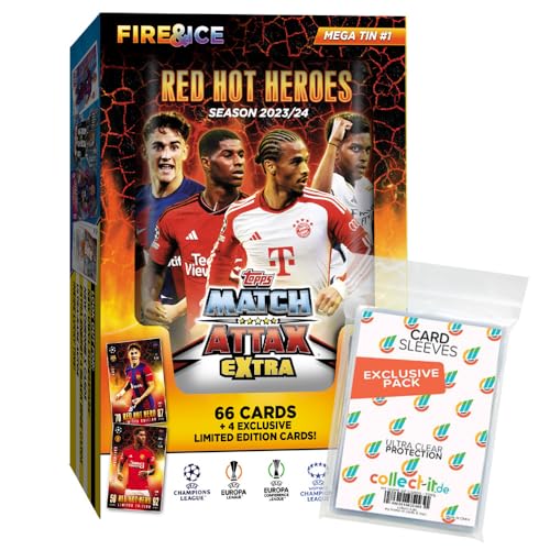 Bundle mit Match Attax Champions League 2023/24 EXTRA - Trading Cards - 1 RED HOT Heroes Tin Box #1 + Exklusive Collect-it Hüllen von collect-it.de MY HOME OF CARDS + TOYS
