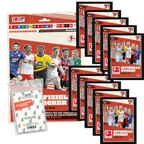 Bundle mit Topps Bundesliga Sammelsticker 2023/24-1 Sticker-Starter(Album inkl. 20 Sticker) + 10 Tüten+ Exklusive Collect-it Hüllen von collect-it.de MY HOME OF CARDS + TOYS