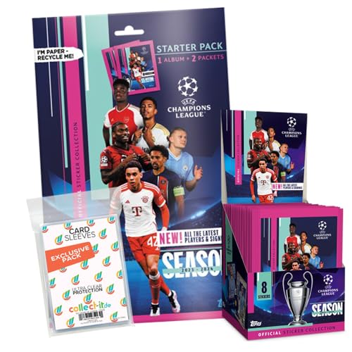 Bundle mit Topps - Champions League 2023/24 - Sammelsticker - 1 Display (50 Tüten) + Album + Exklusive Collect-it Hüllen von collect-it.de MY HOME OF CARDS + TOYS