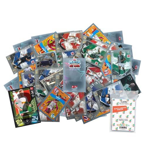 Bundle mit Topps Match Attax Bundesliga - 2023/24-100 Verschiedene, zufällige Karten + 1 seltene Nationalspiel Karte + Exklusive Collect-it Hüllen von collect-it.de MY HOME OF CARDS + TOYS