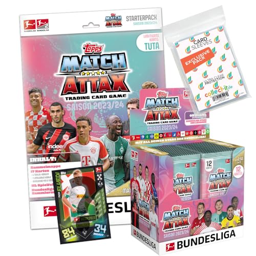 Bundle mit Topps Match Attax Bundesliga - 23/24 2023-2024 - 1 Starter + 1 Display (36 Booster) + 1 seltene Nationalspiel Karte + Exklusive Collect-it Hüllen von collect-it.de MY HOME OF CARDS + TOYS