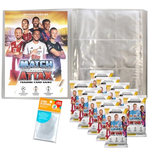 Bundle mit Match Attax Champions League Trading Cards - 1 Leere Sammelmappe + 10 Booster + Exklusive Collect-it Hüllen (2025/26) von collect-it.de MY HOME OF CARDS + TOYS