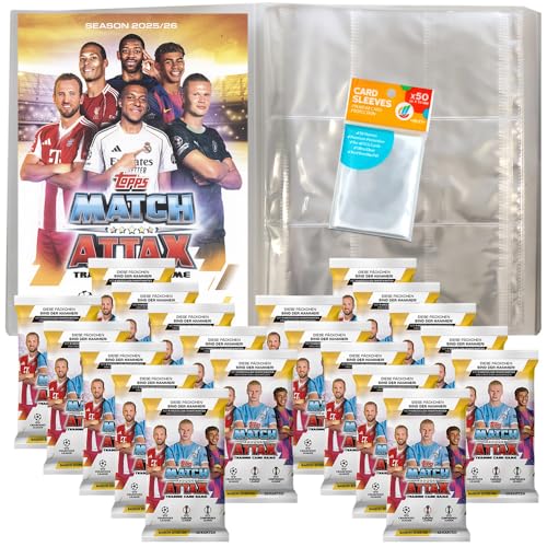 Bundle mit Topps - Match Attax Champions League 2025/26 - Trading Cards - 1 Leere Sammelmappe + 20 Booster + Exklusive Collect-it Hüllen von collect-it.de MY HOME OF CARDS + TOYS